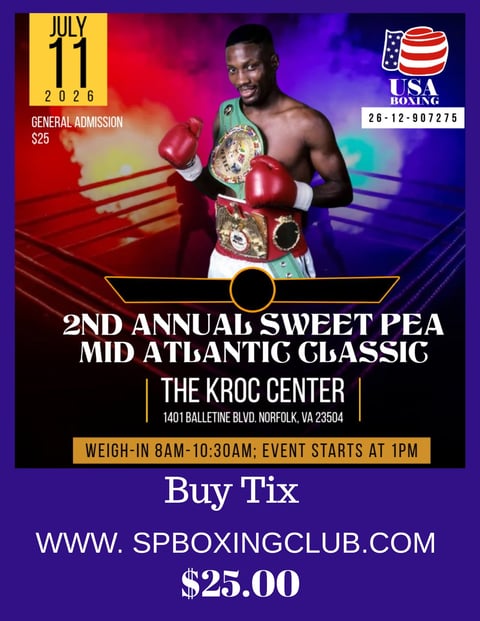 Boxing event poster for 2nd Annual Sweet Pea Mid Atlantic Classic on July 11, 2026 at The Kroc Center, featuring a male boxer wearing championship belts and red boxing gloves